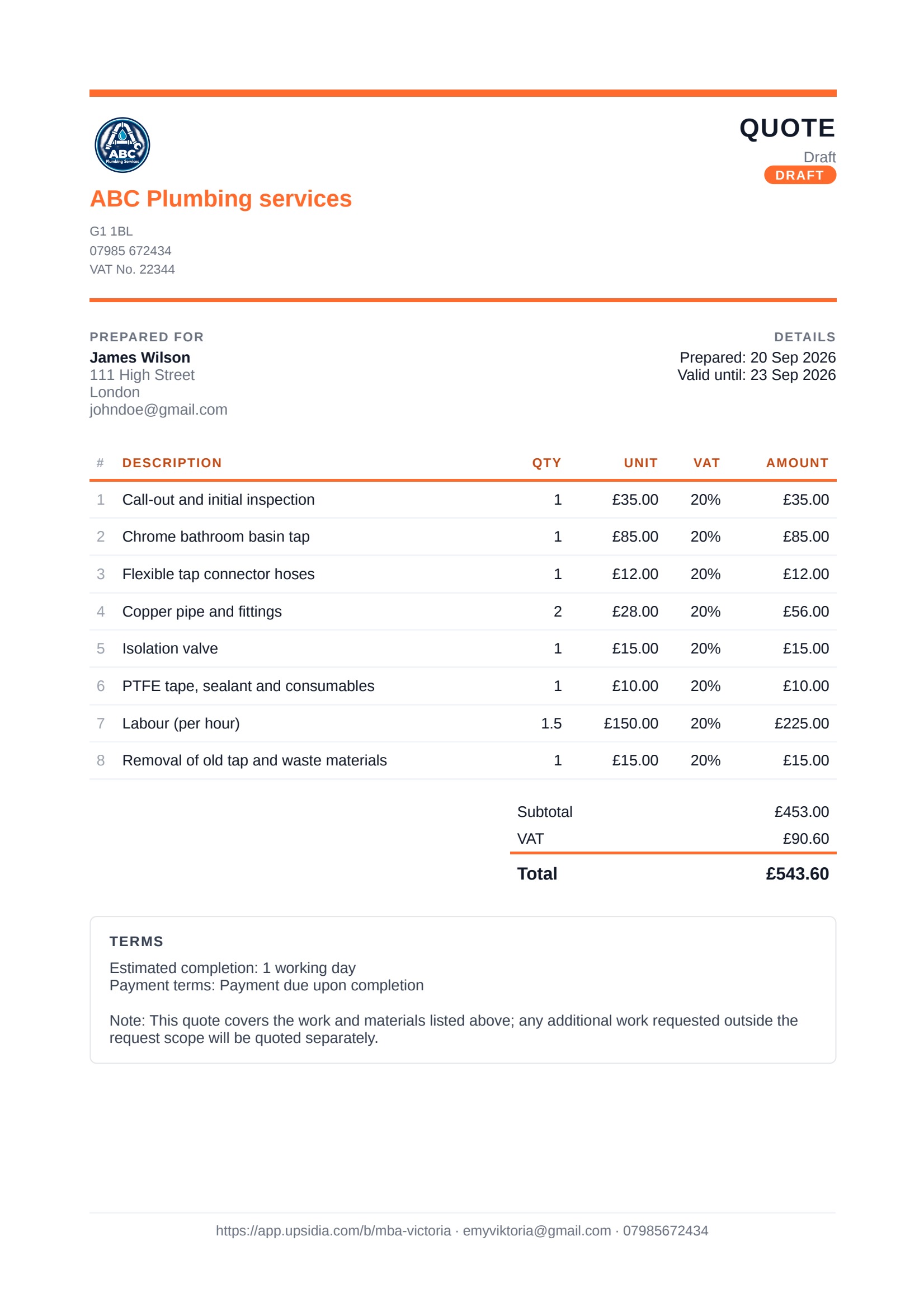 Use this template for your trade quote template: https://app.upsidia.com/start/quote?template=trade